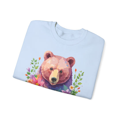 Unisex Floral Bear Sweatshirt Art Design Animals Sweatshirt Cozy Cotton Blend