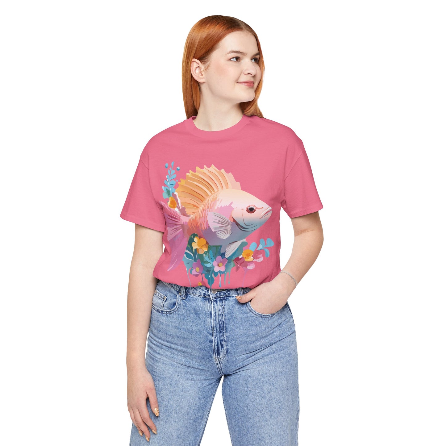 Natural Cotton Tee Shirt with Fish