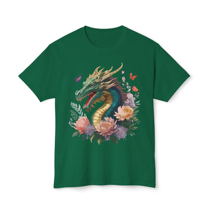 Dragon Art Design Unisex Cotton Tee With Floral Print Artwork And Dragon Graphic