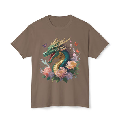 Dragon Art Design Unisex Cotton Tee With Floral Print Artwork And Dragon Graphic