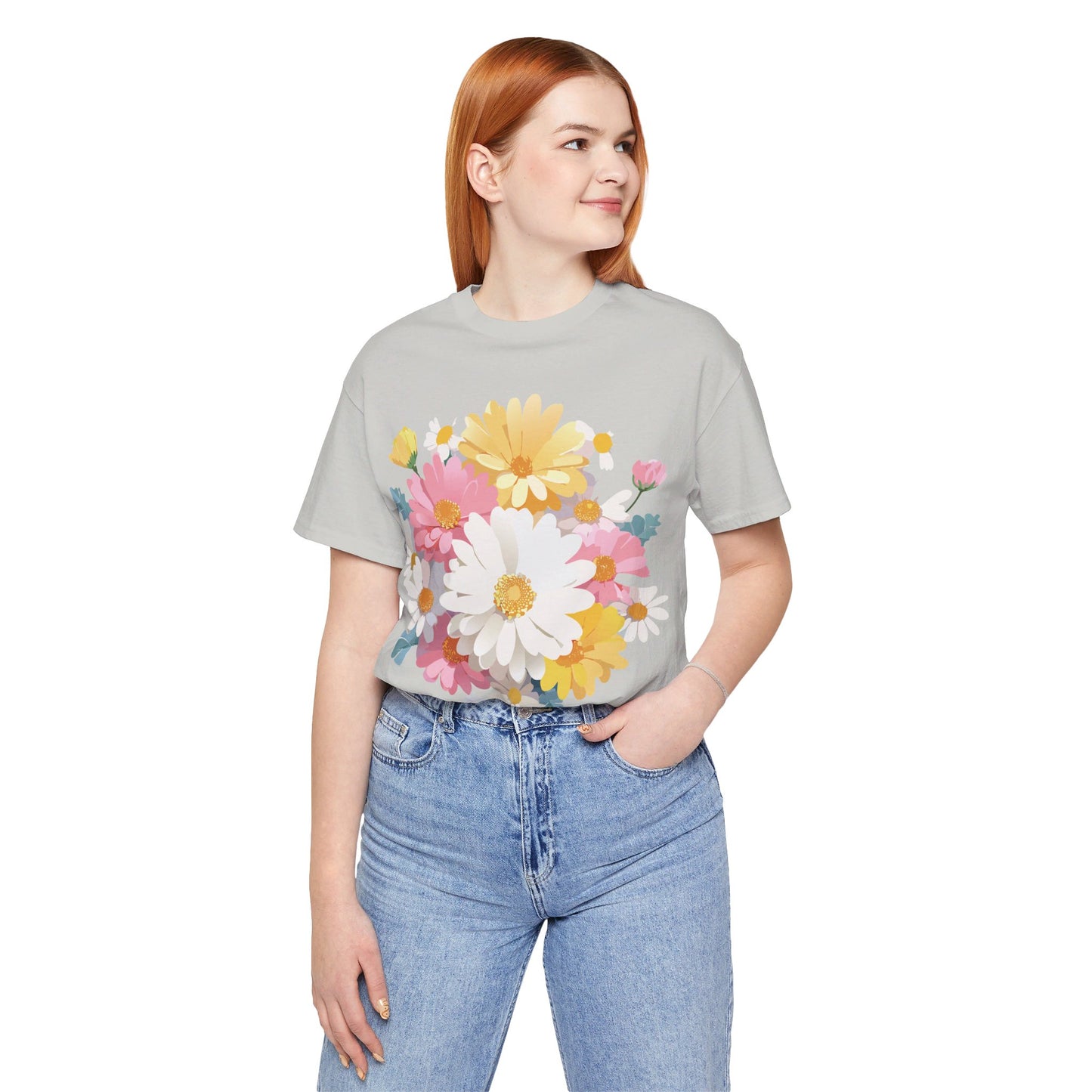 Natural Cotton Tee Shirt with Flowers