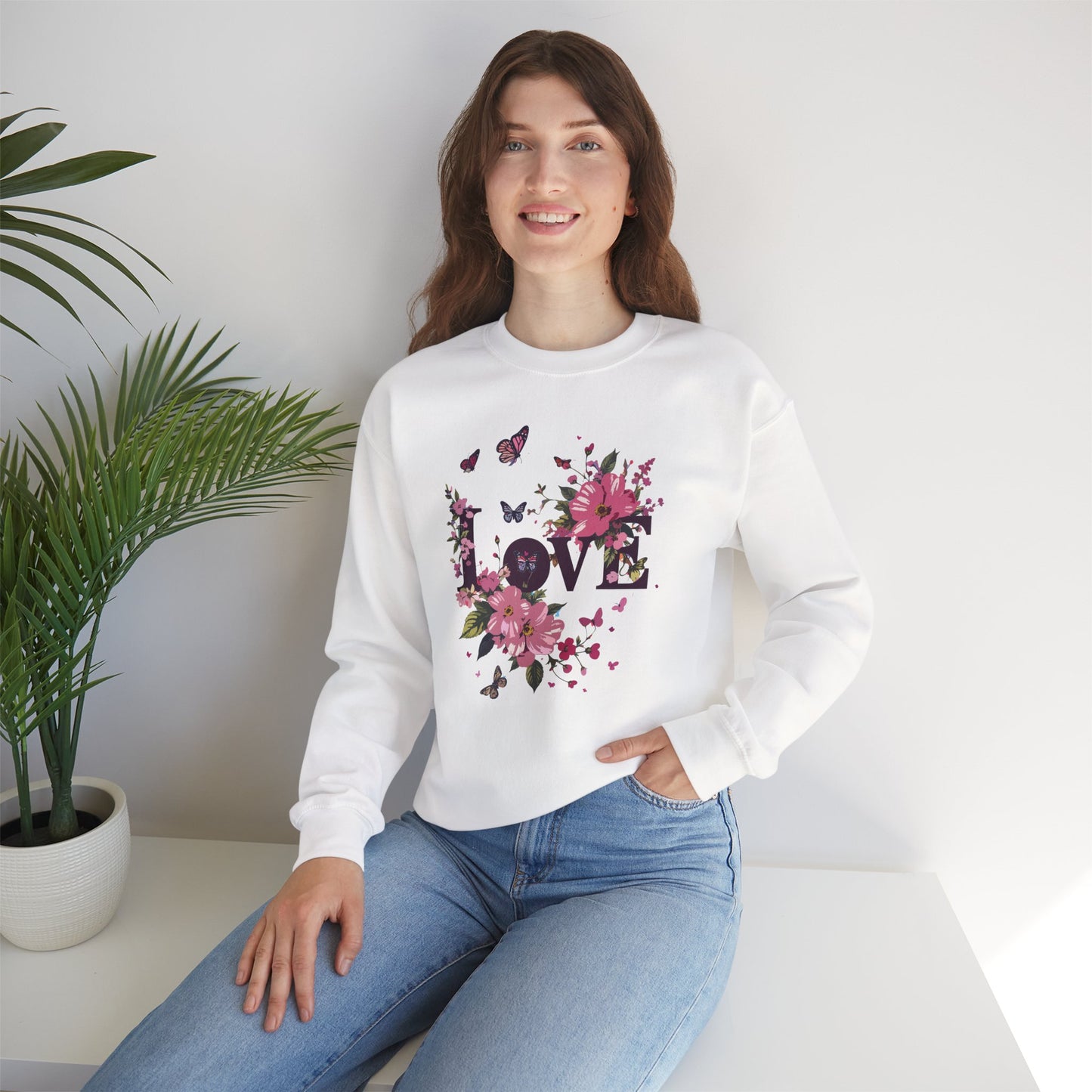 Unisex Floral Love Sweatshirt Fifty Fifty Cotton Poly Valentines Day Gift