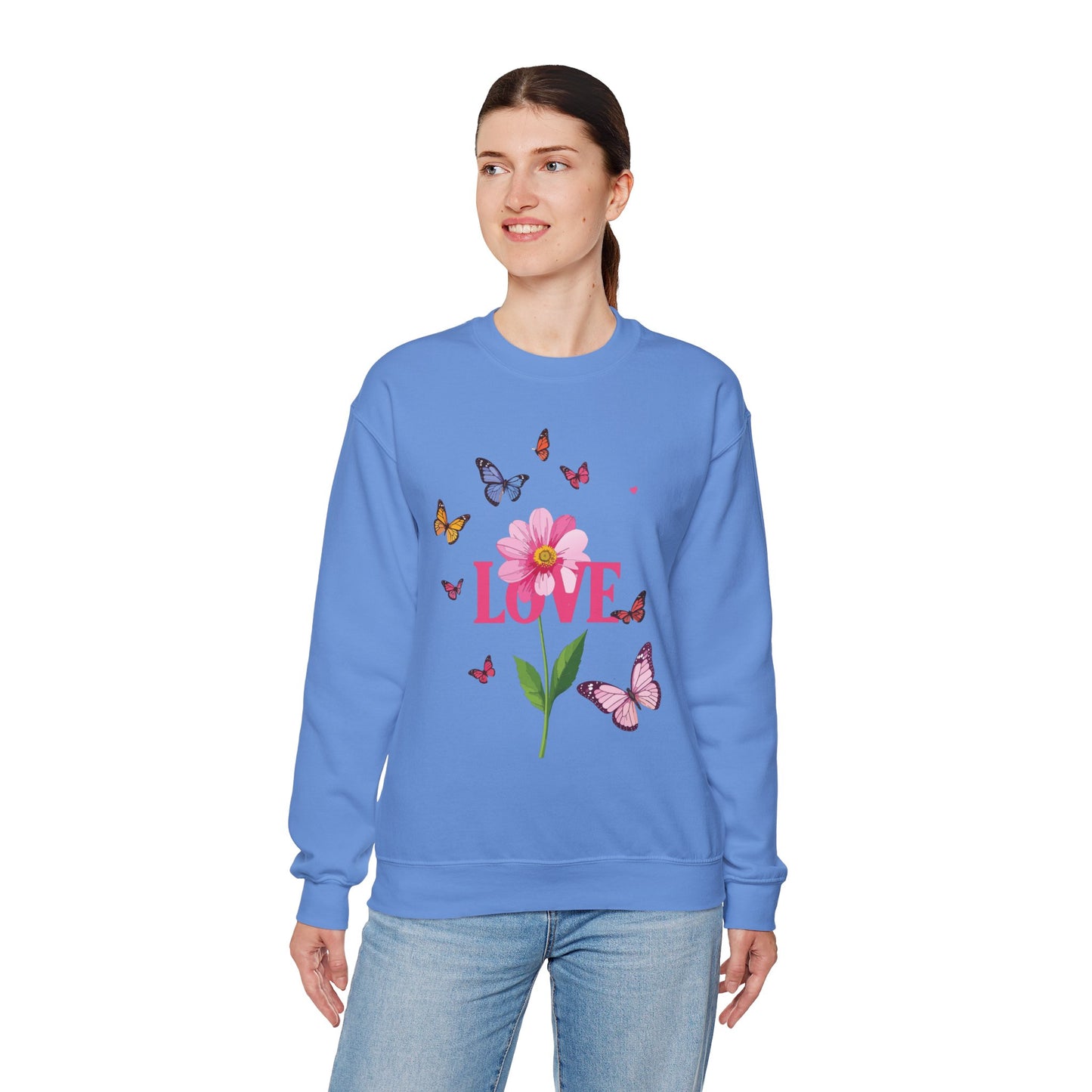 Unisex Floral Love Sweatshirt Valentines Day Cotton Poly Blend Butterfly