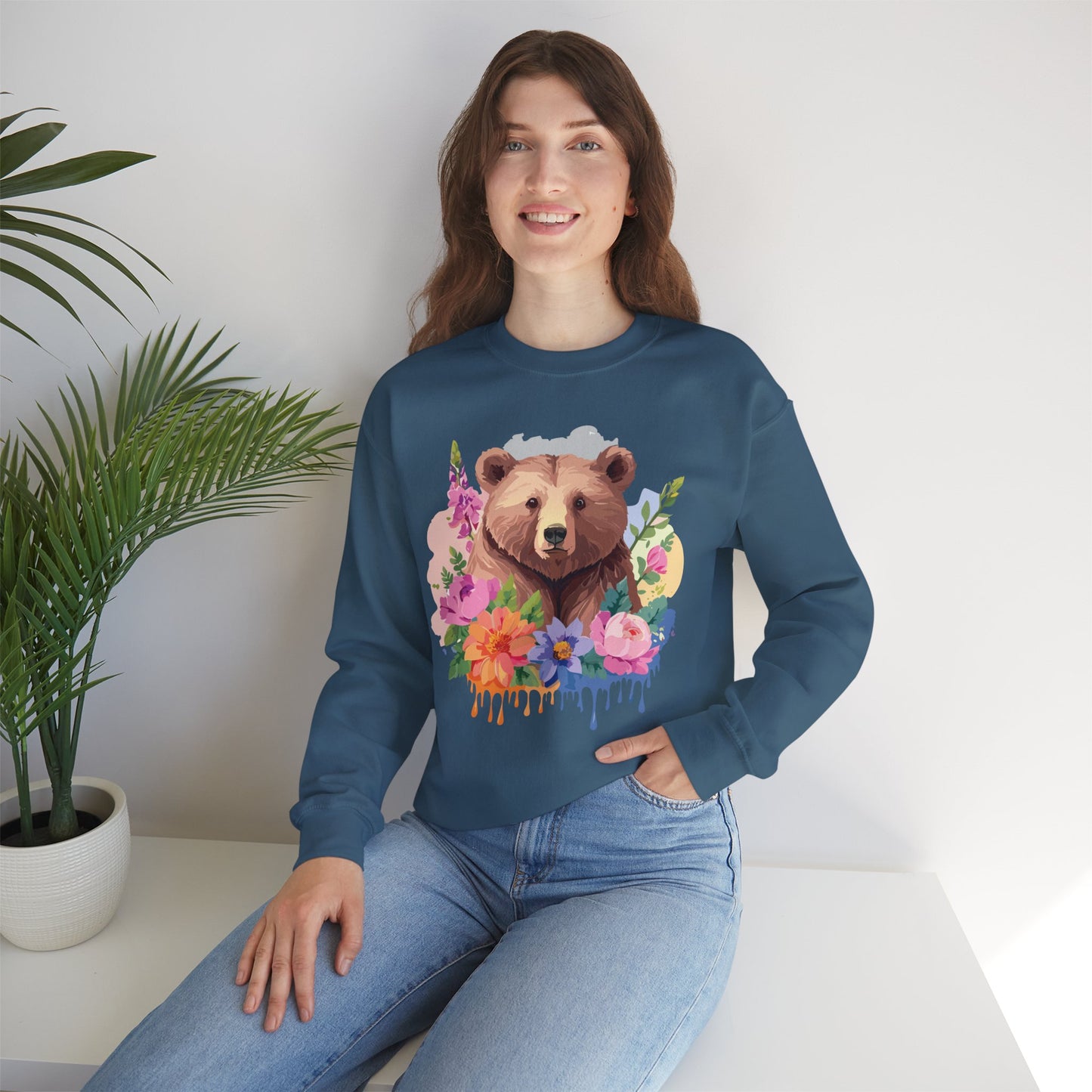 Unisex Floral Bear Sweatshirt, Animals Sweatshirt, Floral Sweatshirt, Art Design Sweatshirt