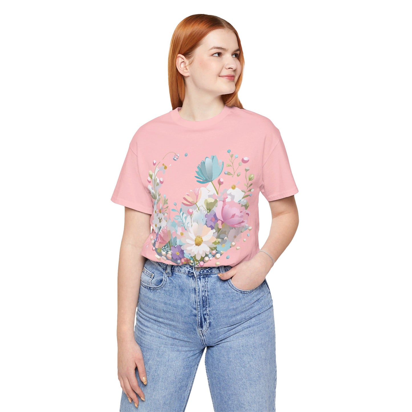 Natural Cotton Tee Shirt with Flowers