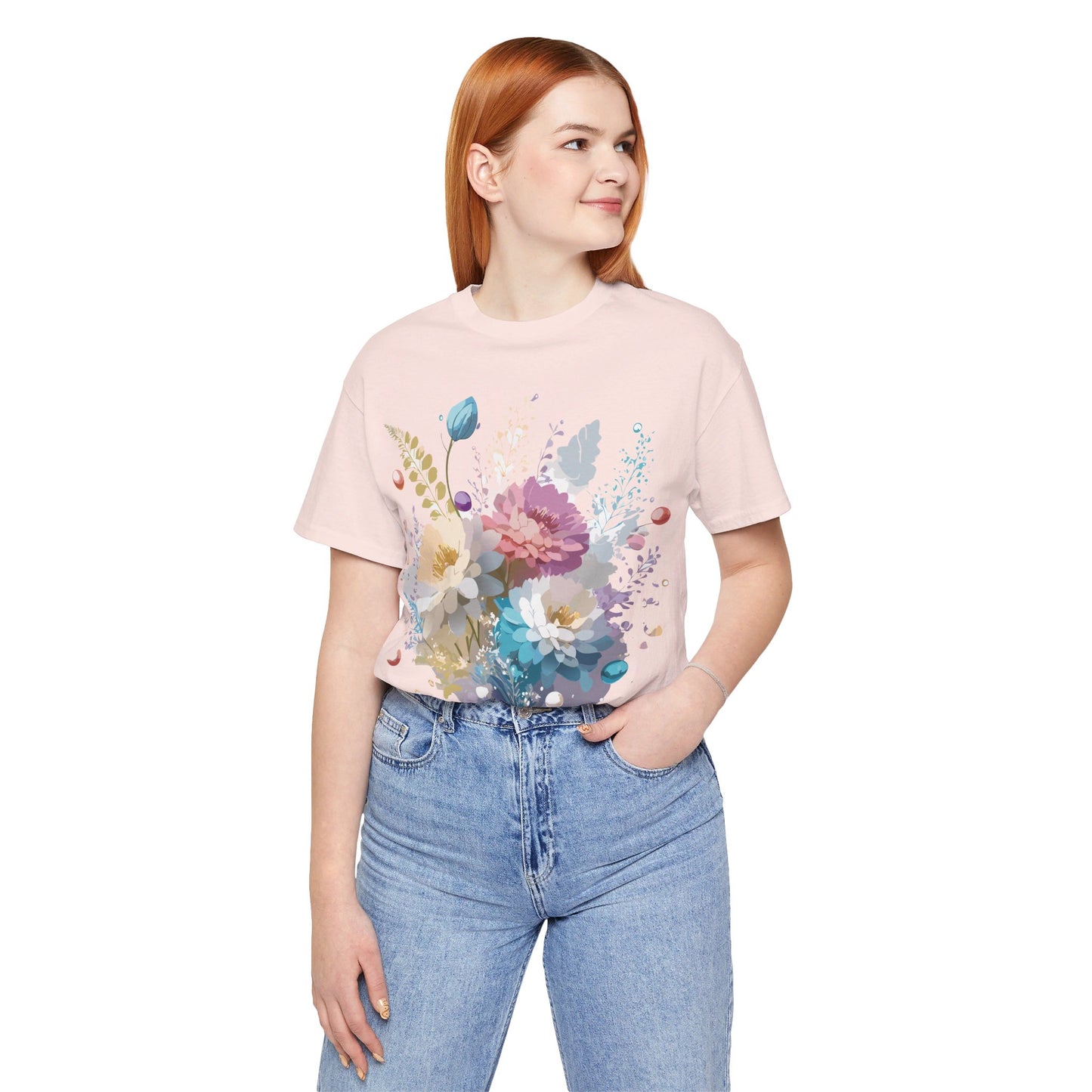 Natural Cotton Tee Shirt with Flowers