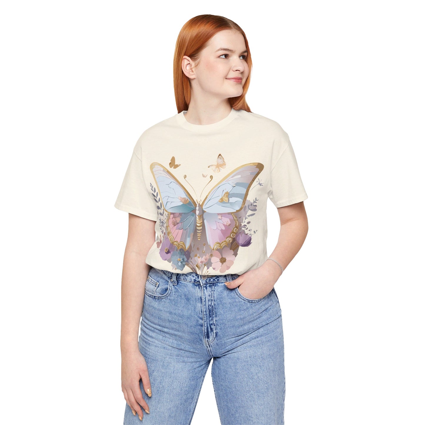 Natural Cotton Tee Shirt with Butterfly