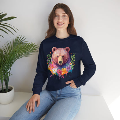 Unisex Floral Bear Sweatshirt Art Design Animals Sweatshirt Cozy Cotton Blend