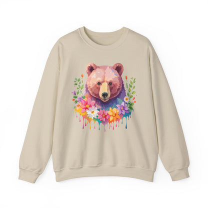 Unisex Floral Bear Sweatshirt Art Design Animals Sweatshirt Cozy Cotton Blend