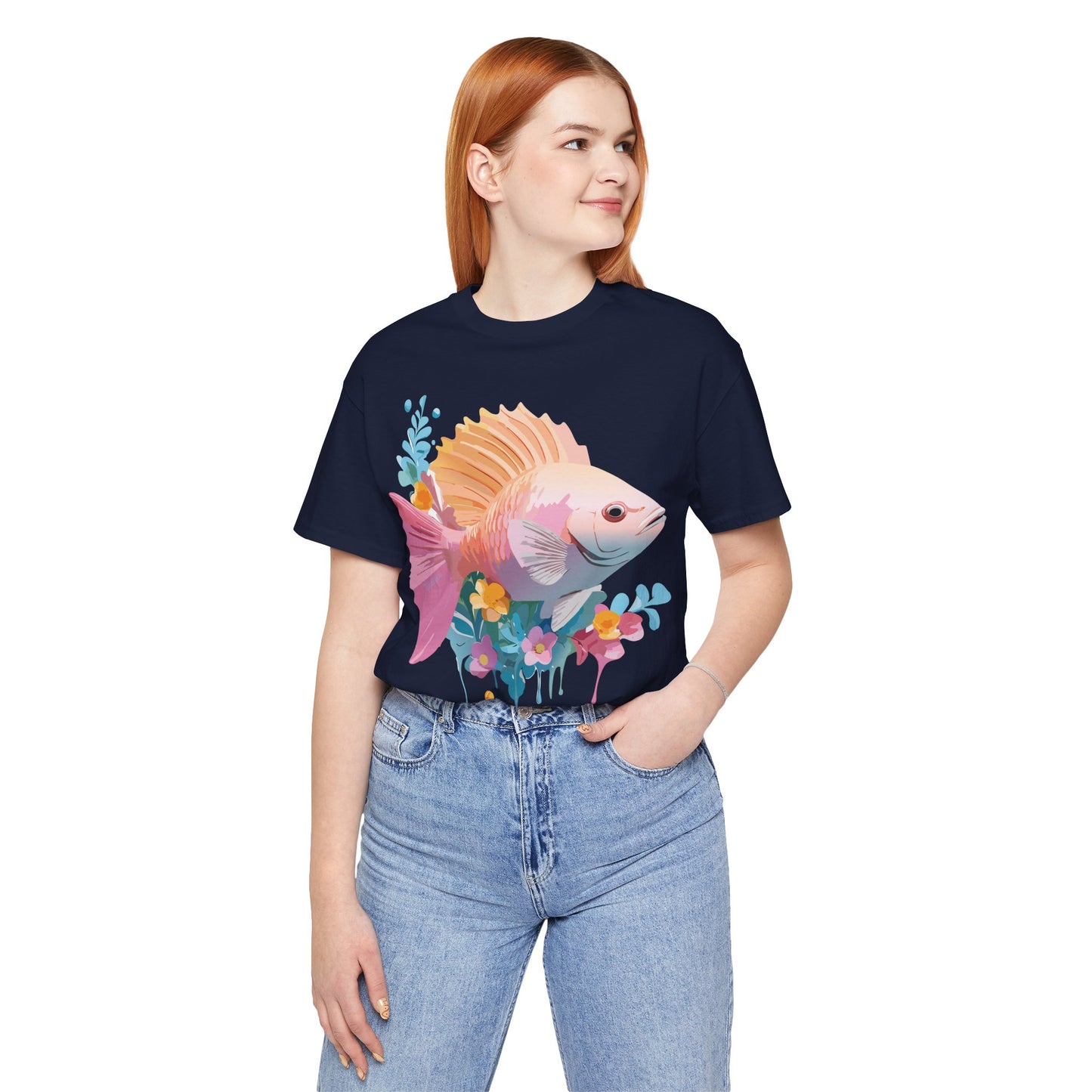 Natural Cotton Tee Shirt with Fish