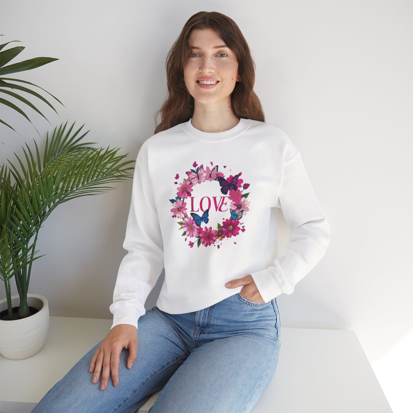 Unisex Floral Love Sweatshirt Butterfly Print 50 50 Cotton Poly Valentines Day
