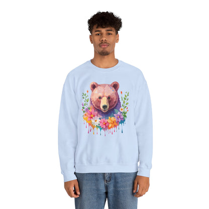 Unisex Floral Bear Sweatshirt Art Design Animals Sweatshirt Cozy Cotton Blend