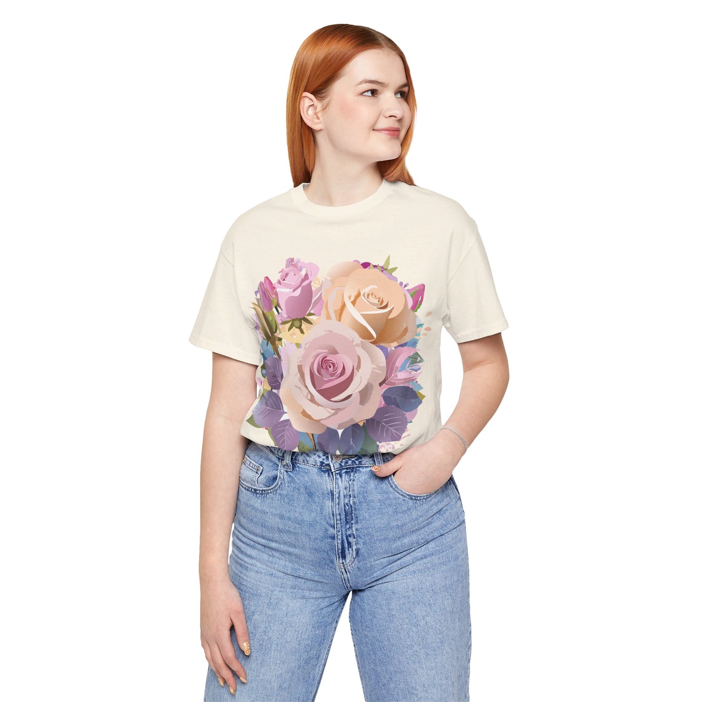 Natural Cotton Tee Shirt with Flowers