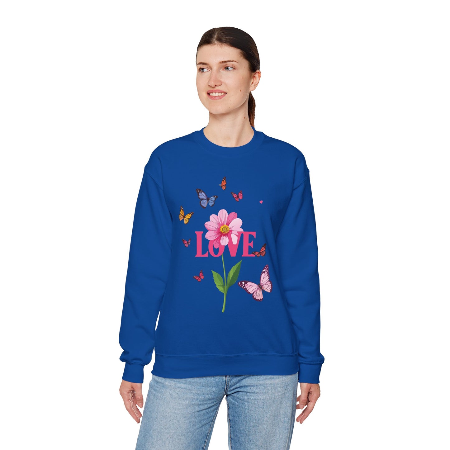 Unisex Floral Love Sweatshirt Valentines Day Cotton Poly Blend Butterfly