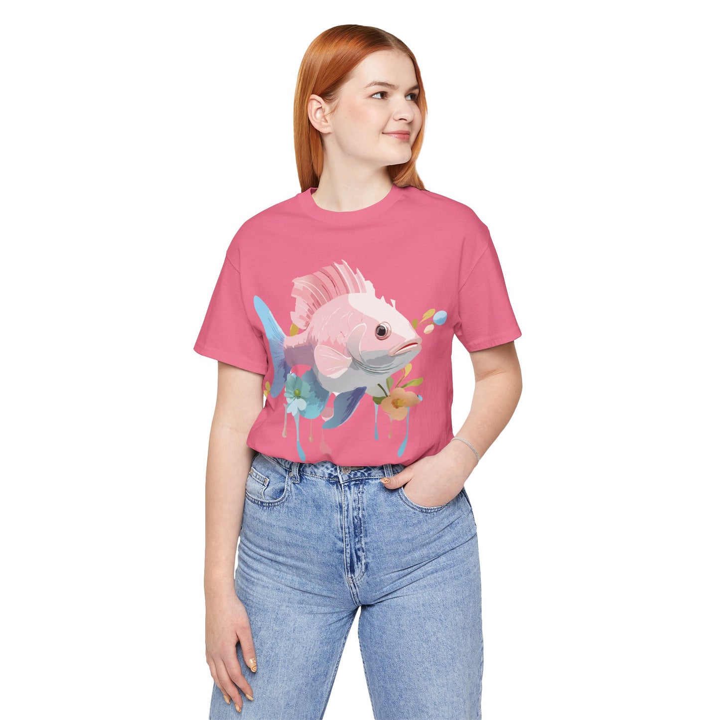 Natural Cotton Tee Shirt with Fish