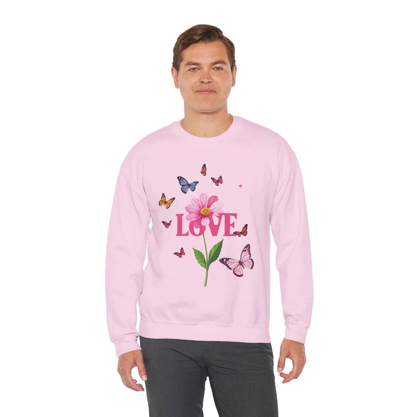 Unisex Floral Love Sweatshirt Valentines Day Cotton Poly Blend Butterfly