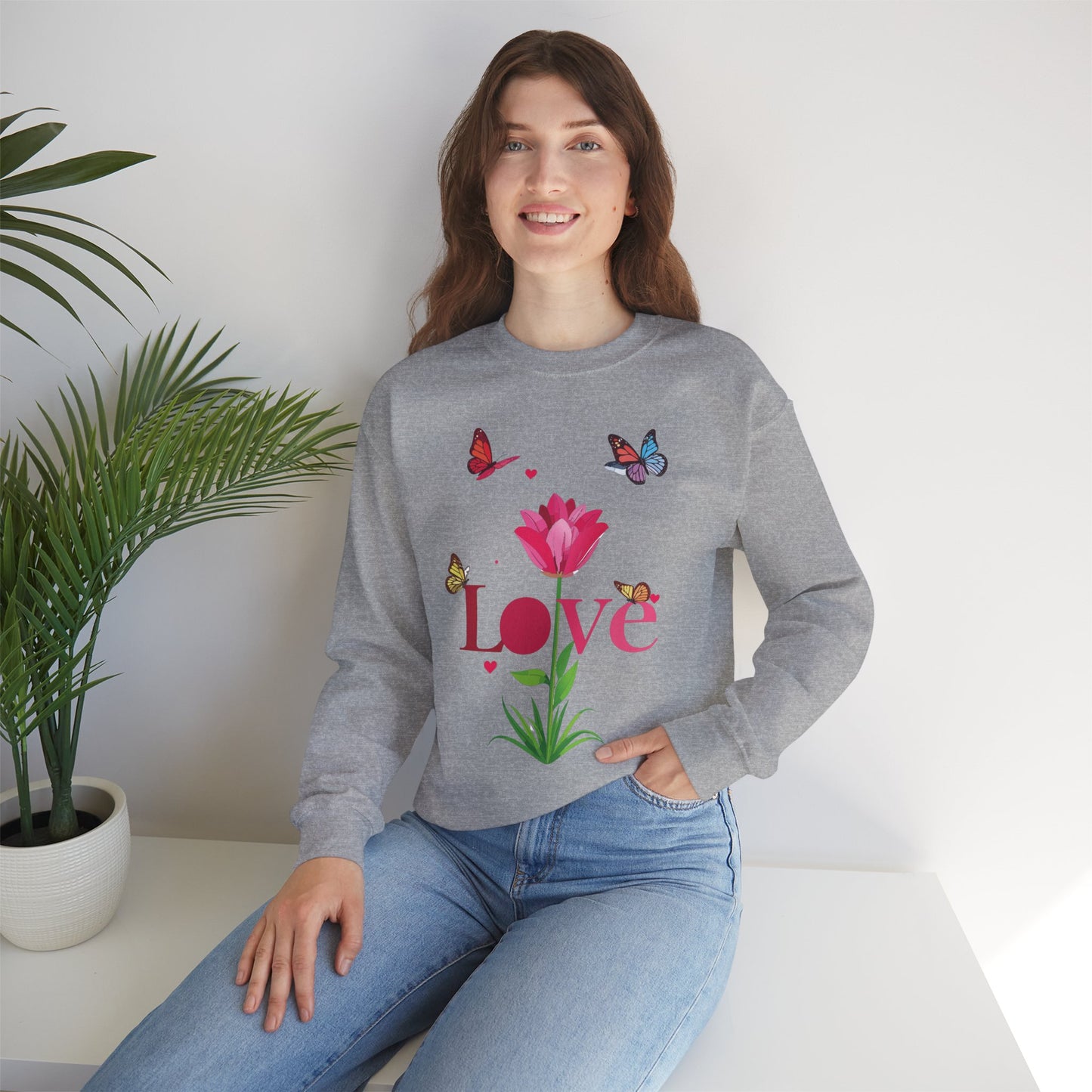 Unisex Floral Love Sweatshirt Floral Butterfly Design Cotton Poly Valentines Day