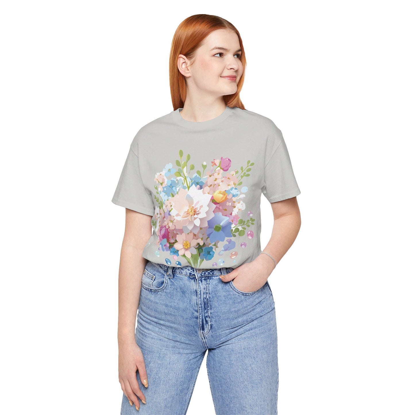 Natural Cotton Tee Shirt with Flowers