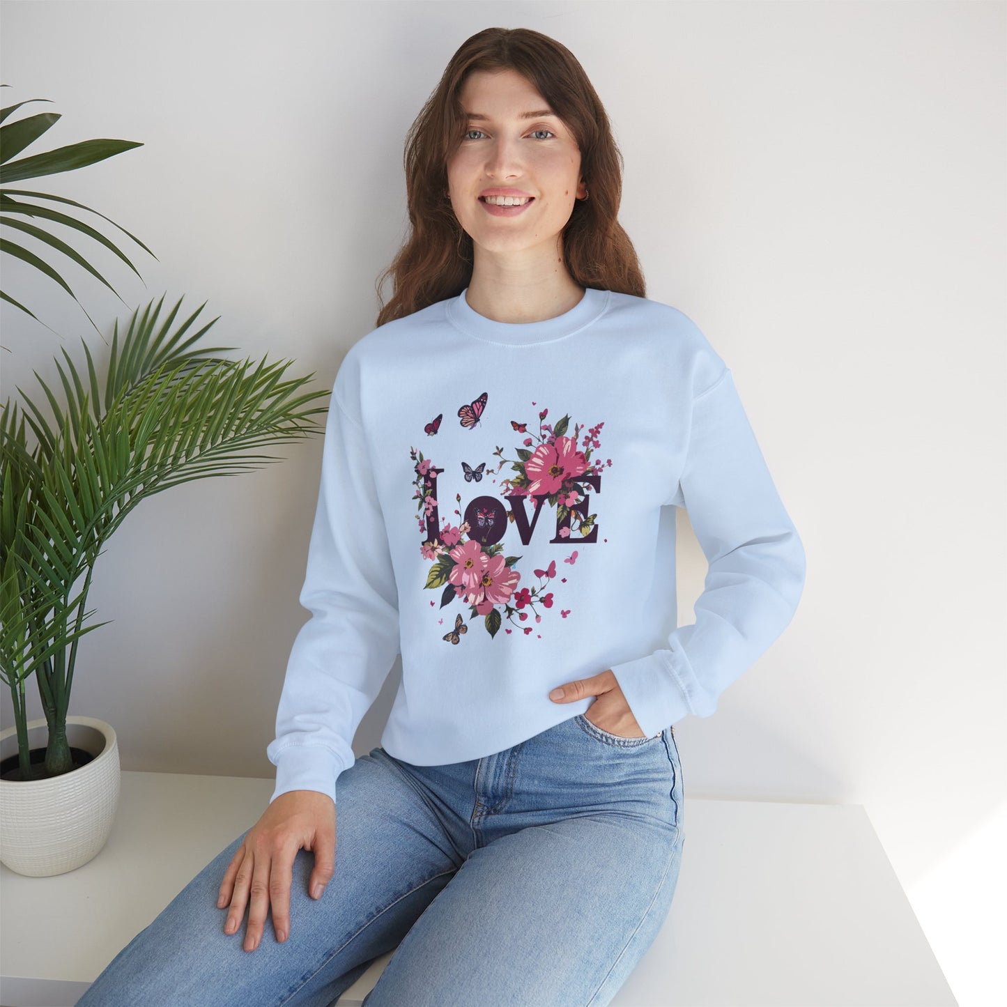 Unisex Floral Love Sweatshirt Fifty Fifty Cotton Poly Valentines Day Gift