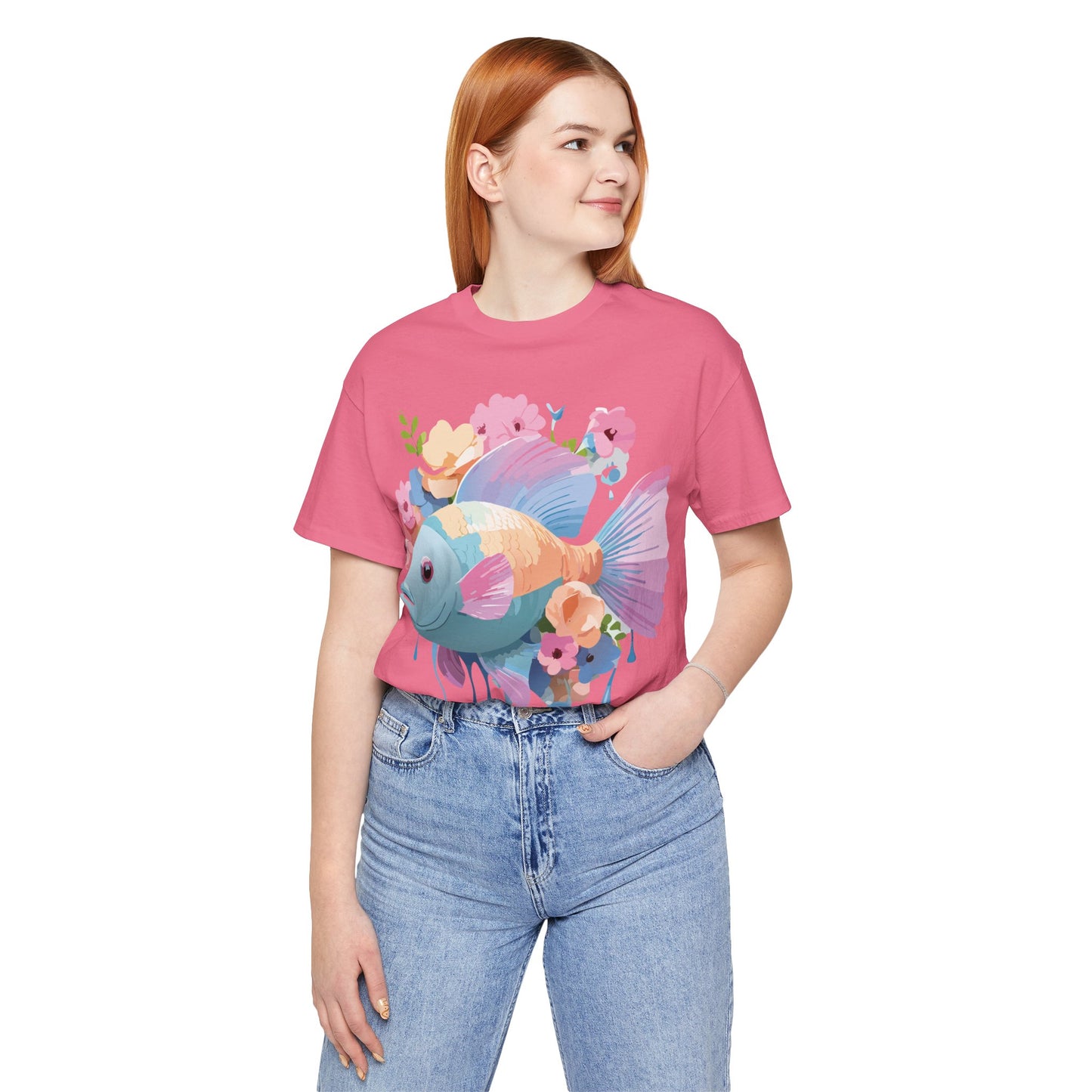 Natural Cotton Tee Shirt with Fish