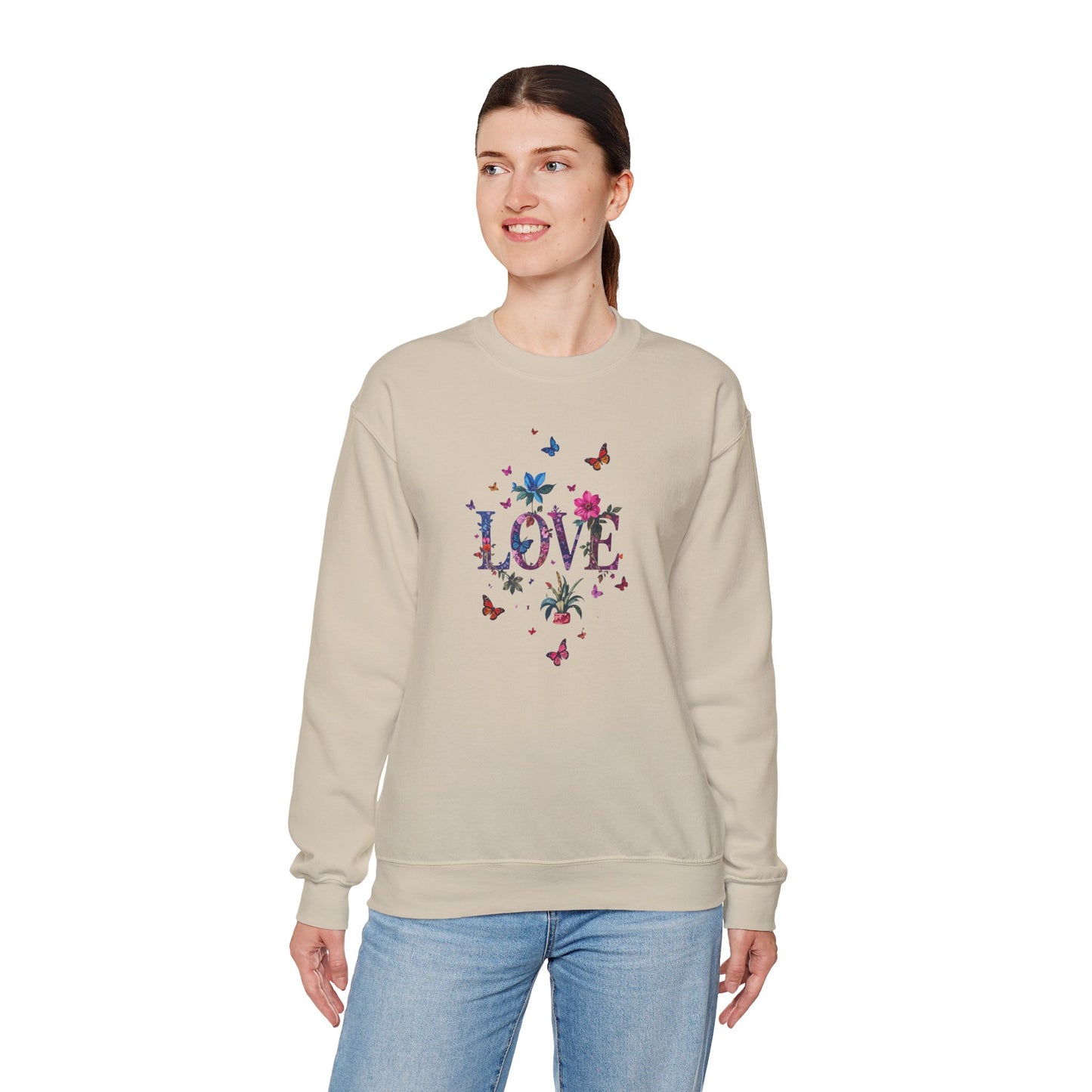 Unisex Floral Love Sweatshirt, Love Floral Sweatshirt, Floral Butterfly Sweatshirt, 50/50 Cotton-Poly Valentine's Day Sweatshirt 03