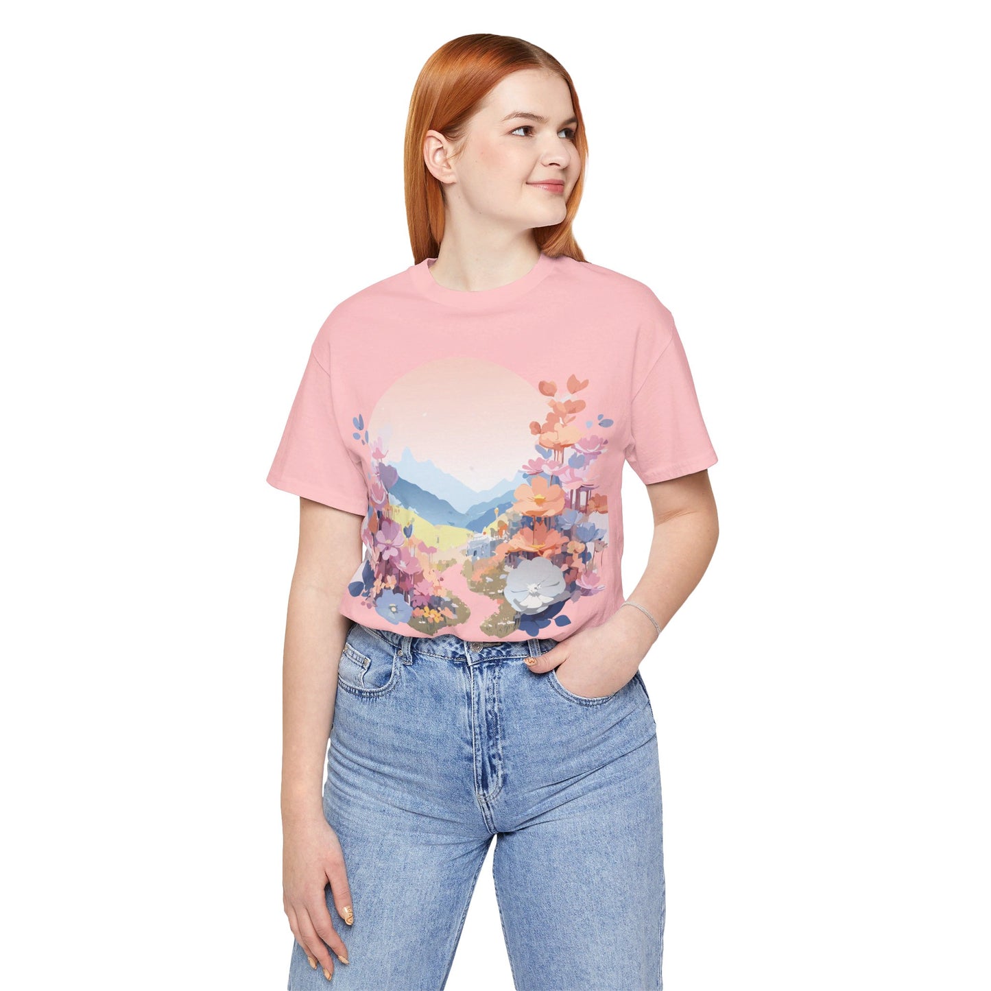 Natural Cotton Tee Shirt with Flowers