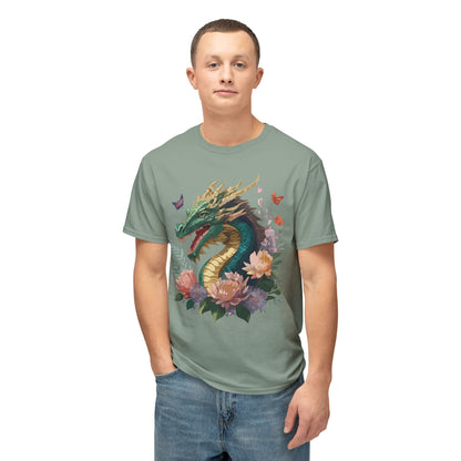 Dragon Art Design Unisex Cotton Tee With Floral Print Artwork And Dragon Graphic
