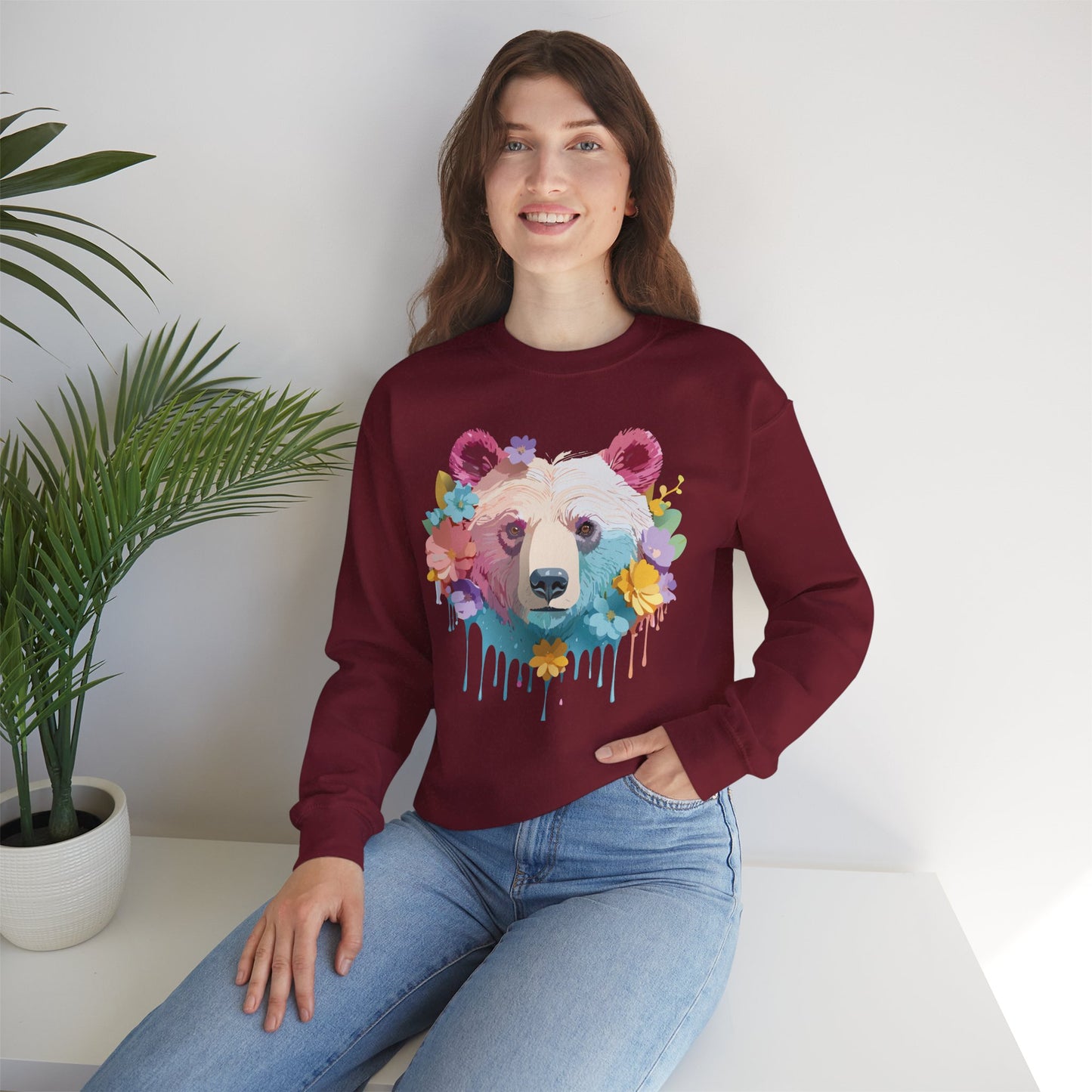 Unisex Floral Bear Sweatshirt, Animals Sweatshirt, Floral Sweatshirt, Art Design Sweatshirt