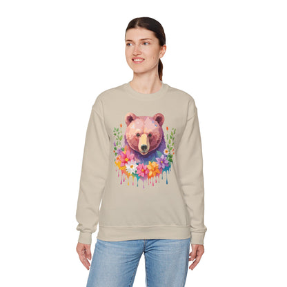 Unisex Floral Bear Sweatshirt Art Design Animals Sweatshirt Cozy Cotton Blend