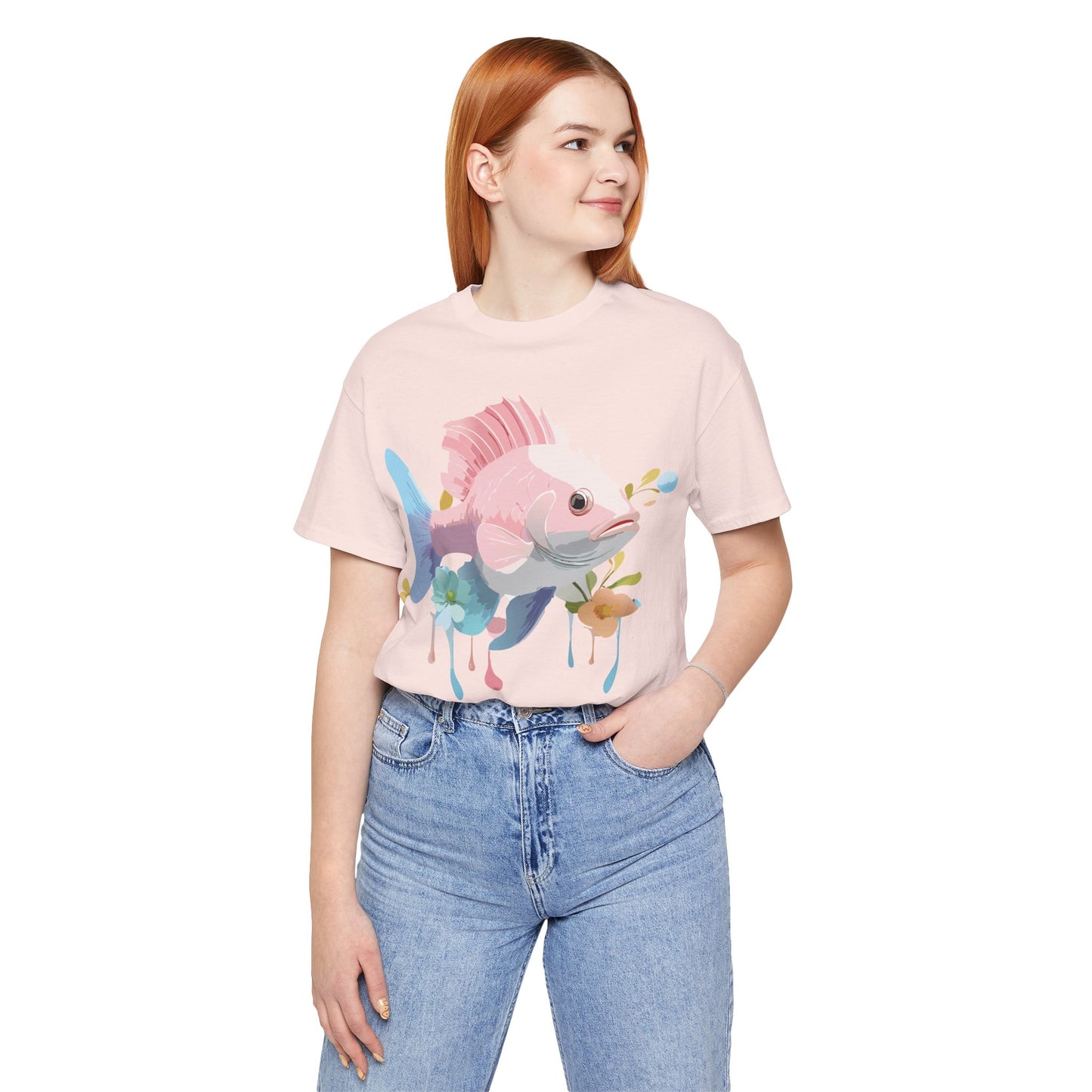 Natural Cotton Tee Shirt with Fish