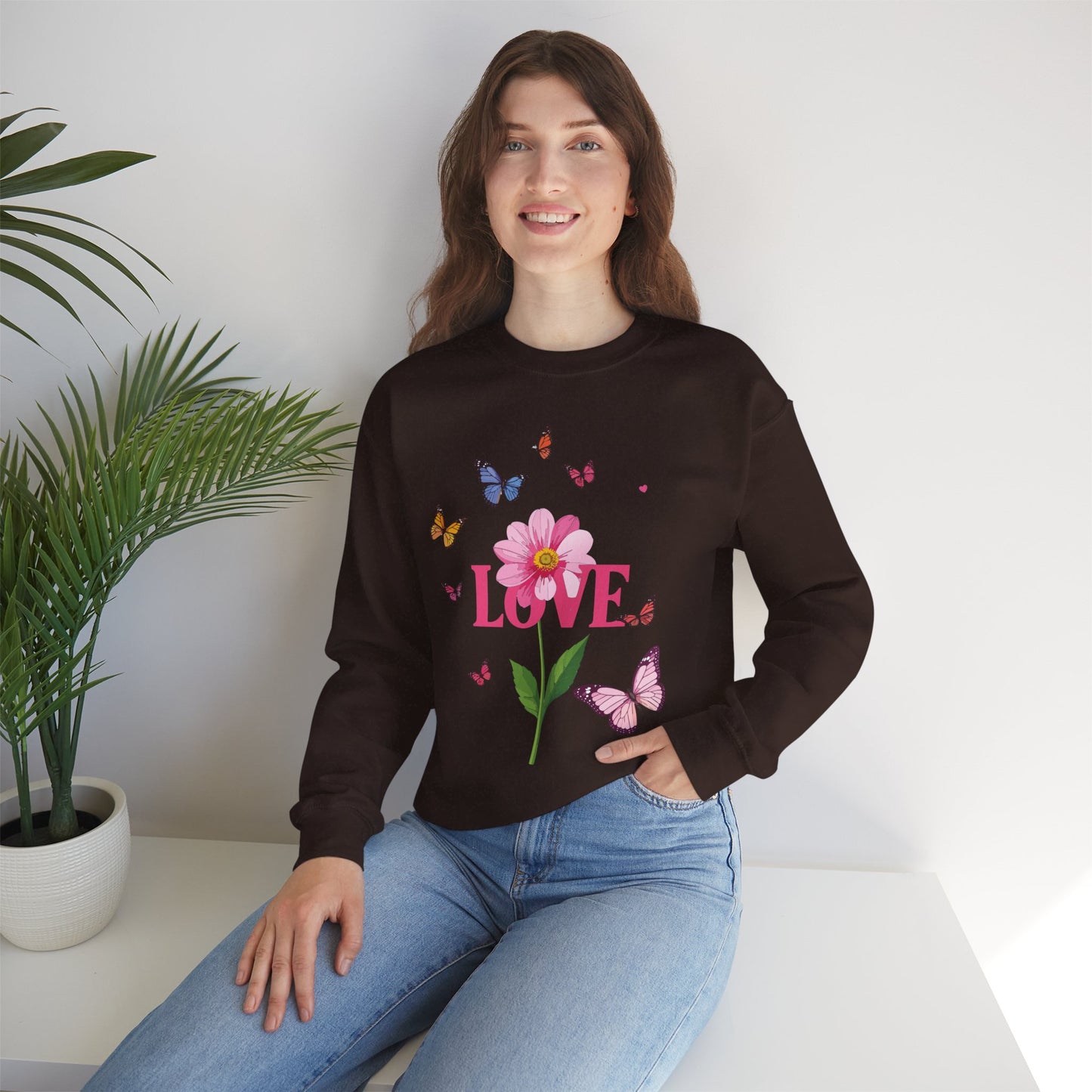 Unisex Floral Love Sweatshirt Valentines Day Cotton Poly Blend Butterfly