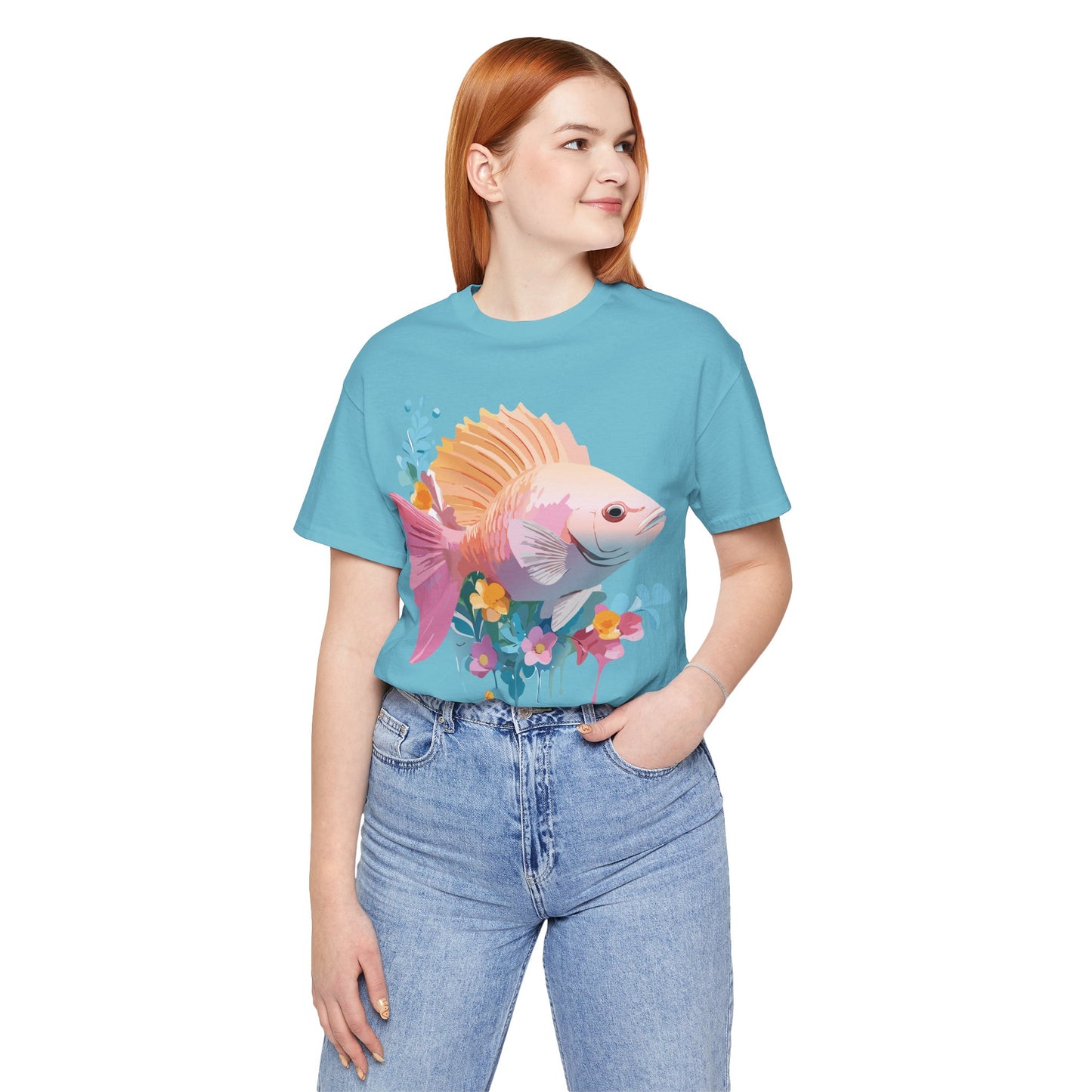 Natural Cotton Tee Shirt with Fish