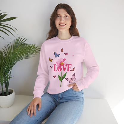 Unisex Floral Love Sweatshirt Valentines Day Cotton Poly Blend Butterfly