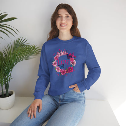Unisex Floral Love Sweatshirt Butterfly Print 50 50 Cotton Poly Valentines Day