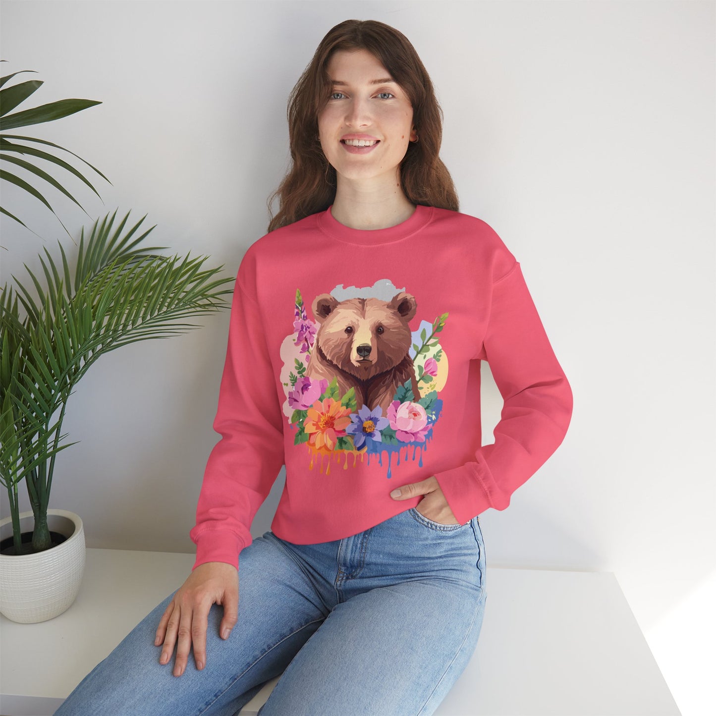 Unisex Floral Bear Sweatshirt, Animals Sweatshirt, Floral Sweatshirt, Art Design Sweatshirt