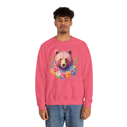 Unisex Floral Bear Sweatshirt Art Design Animals Sweatshirt Cozy Cotton Blend
