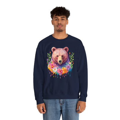 Unisex Floral Bear Sweatshirt Art Design Animals Sweatshirt Cozy Cotton Blend