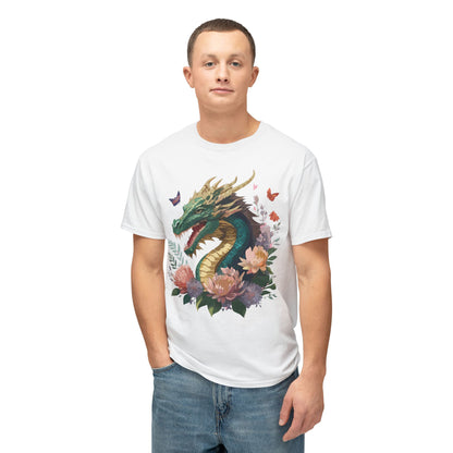 Dragon Art Design Unisex Cotton Tee With Floral Print Artwork And Dragon Graphic
