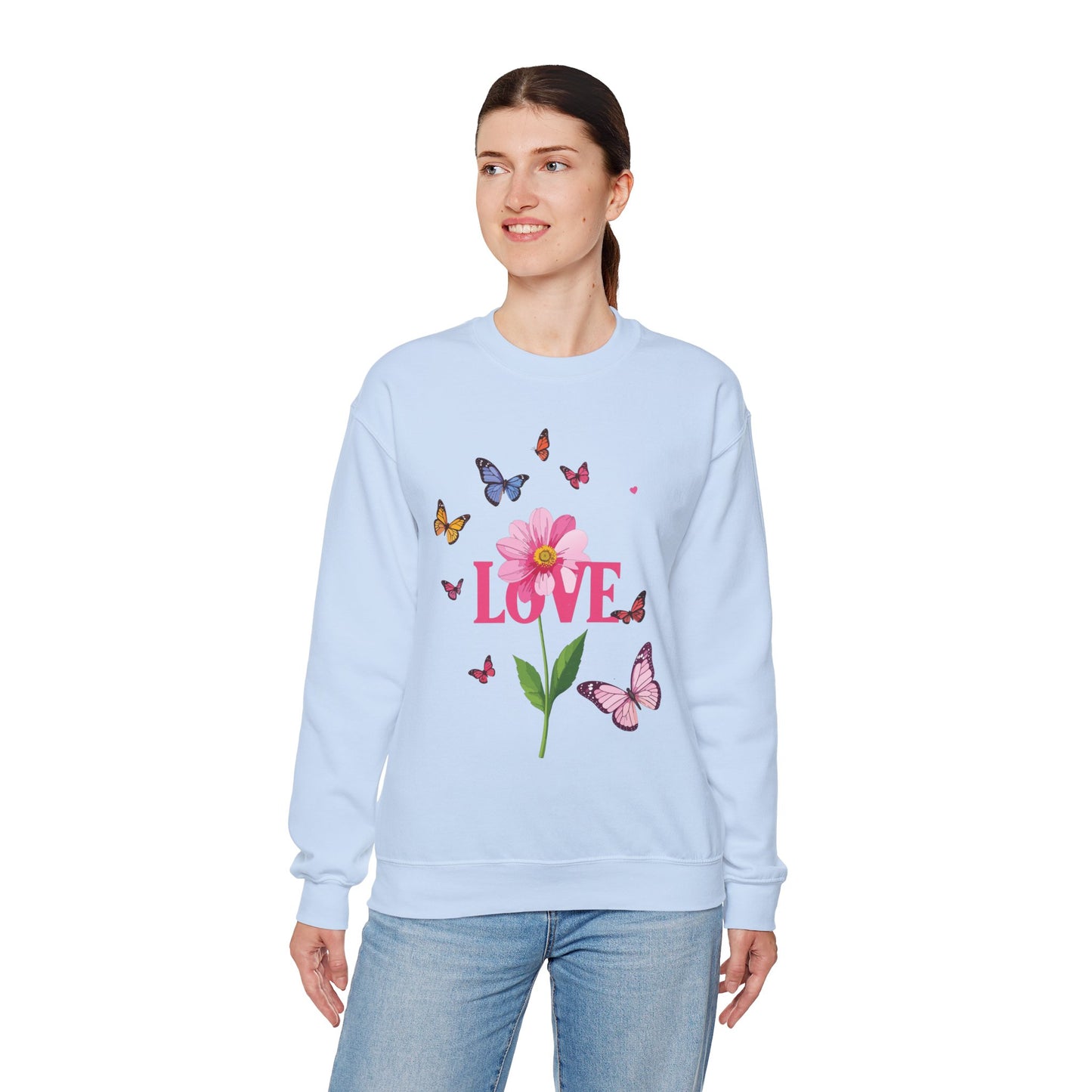 Unisex Floral Love Sweatshirt Valentines Day Cotton Poly Blend Butterfly