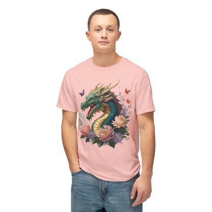 Dragon Art Design Unisex Cotton Tee With Floral Print Artwork And Dragon Graphic