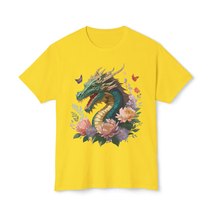 Dragon Art Design Unisex Cotton Tee With Floral Print Artwork And Dragon Graphic