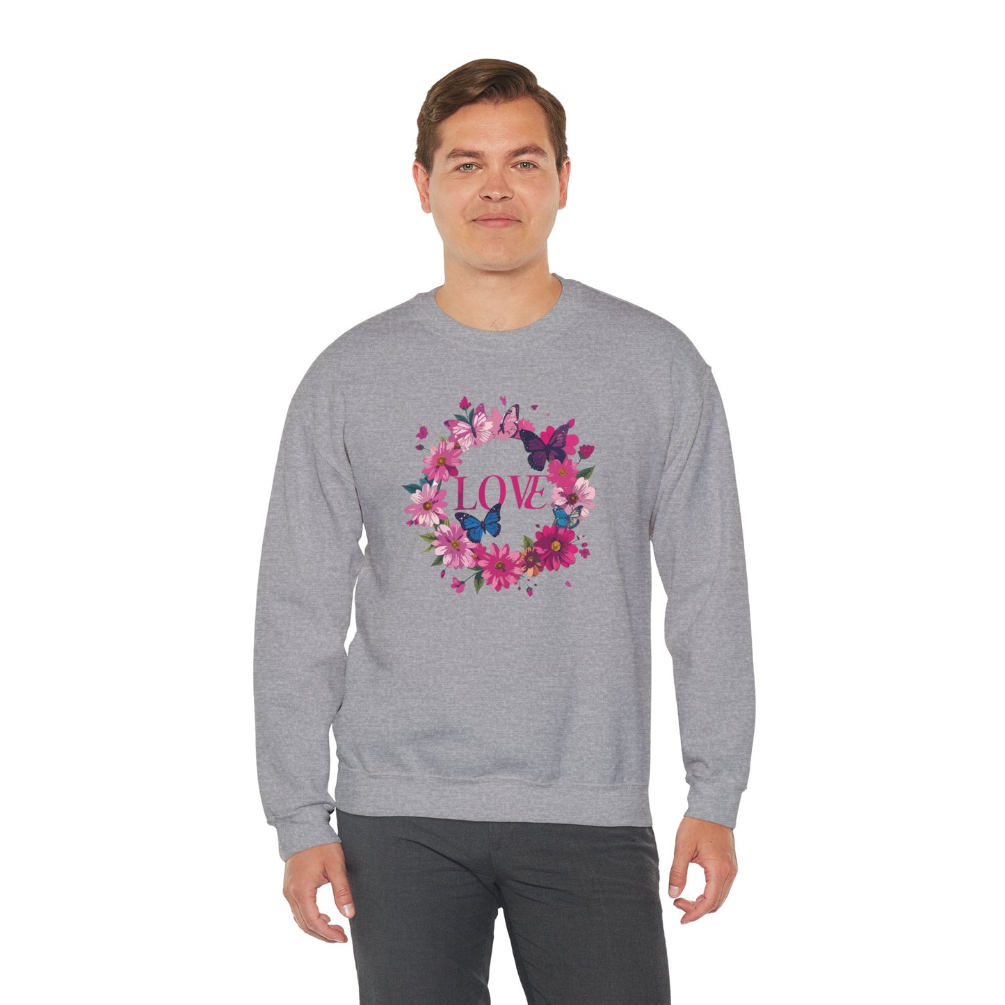 Unisex Floral Love Sweatshirt Butterfly Print 50 50 Cotton Poly Valentines Day