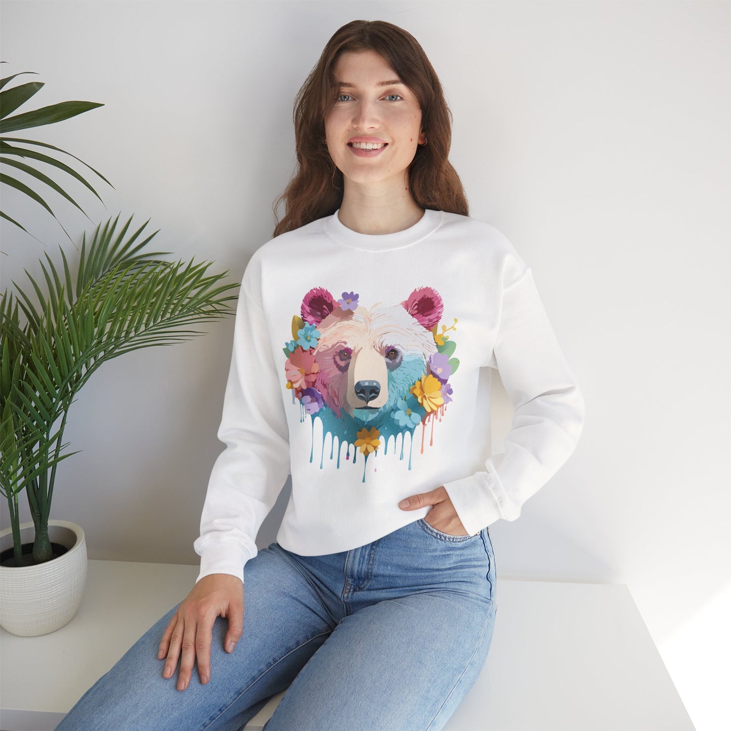 Unisex Floral Bear Sweatshirt, Animals Sweatshirt, Floral Sweatshirt, Art Design Sweatshirt