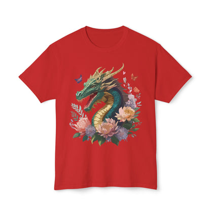 Dragon Art Design Unisex Cotton Tee With Floral Print Artwork And Dragon Graphic