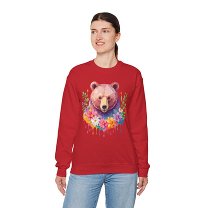 Unisex Floral Bear Sweatshirt Art Design Animals Sweatshirt Cozy Cotton Blend
