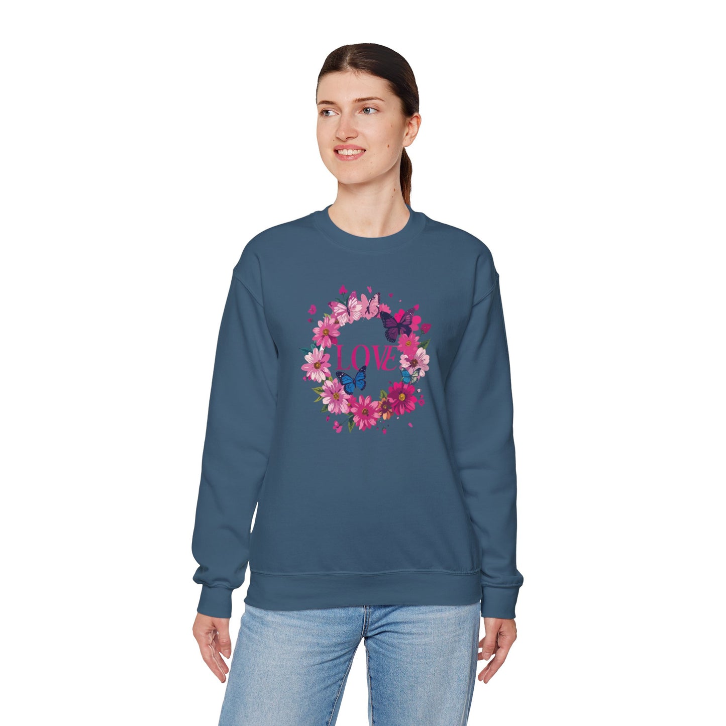 Unisex Floral Love Sweatshirt Butterfly Print 50 50 Cotton Poly Valentines Day