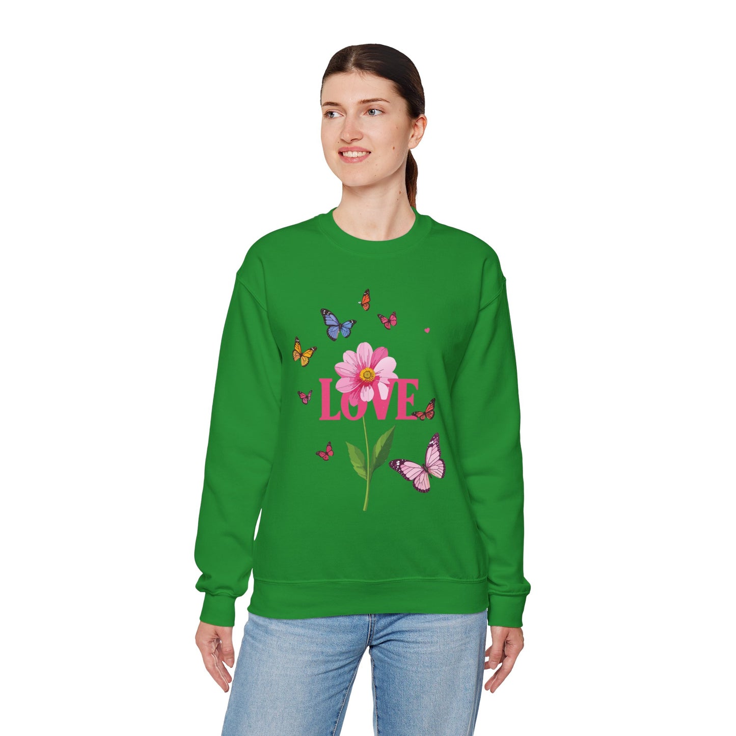 Unisex Floral Love Sweatshirt Valentines Day Cotton Poly Blend Butterfly