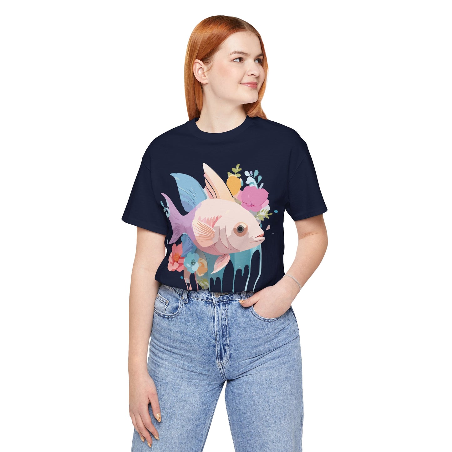 Natural Cotton Tee Shirt with Fish