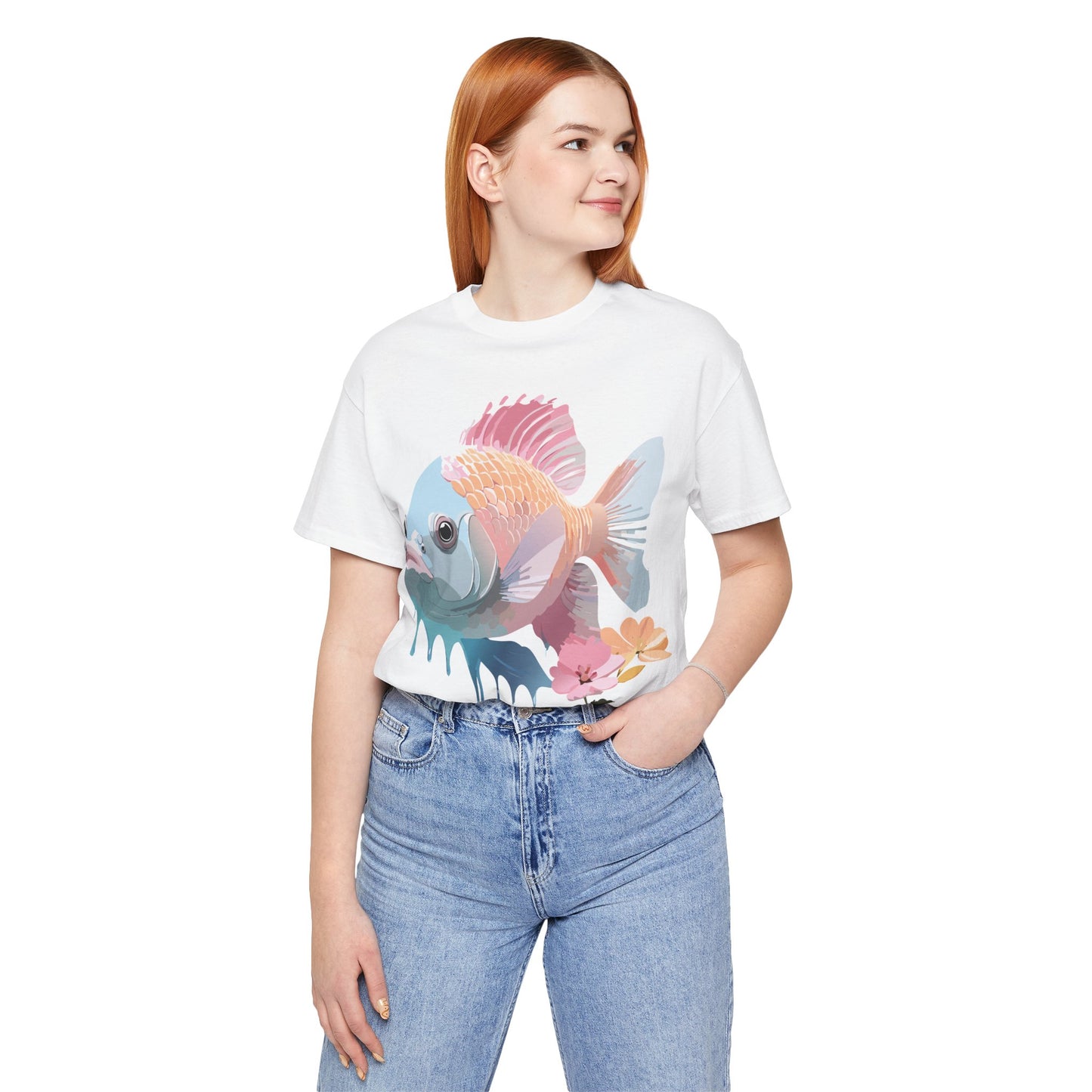 Natural Cotton Tee Shirt with Fish