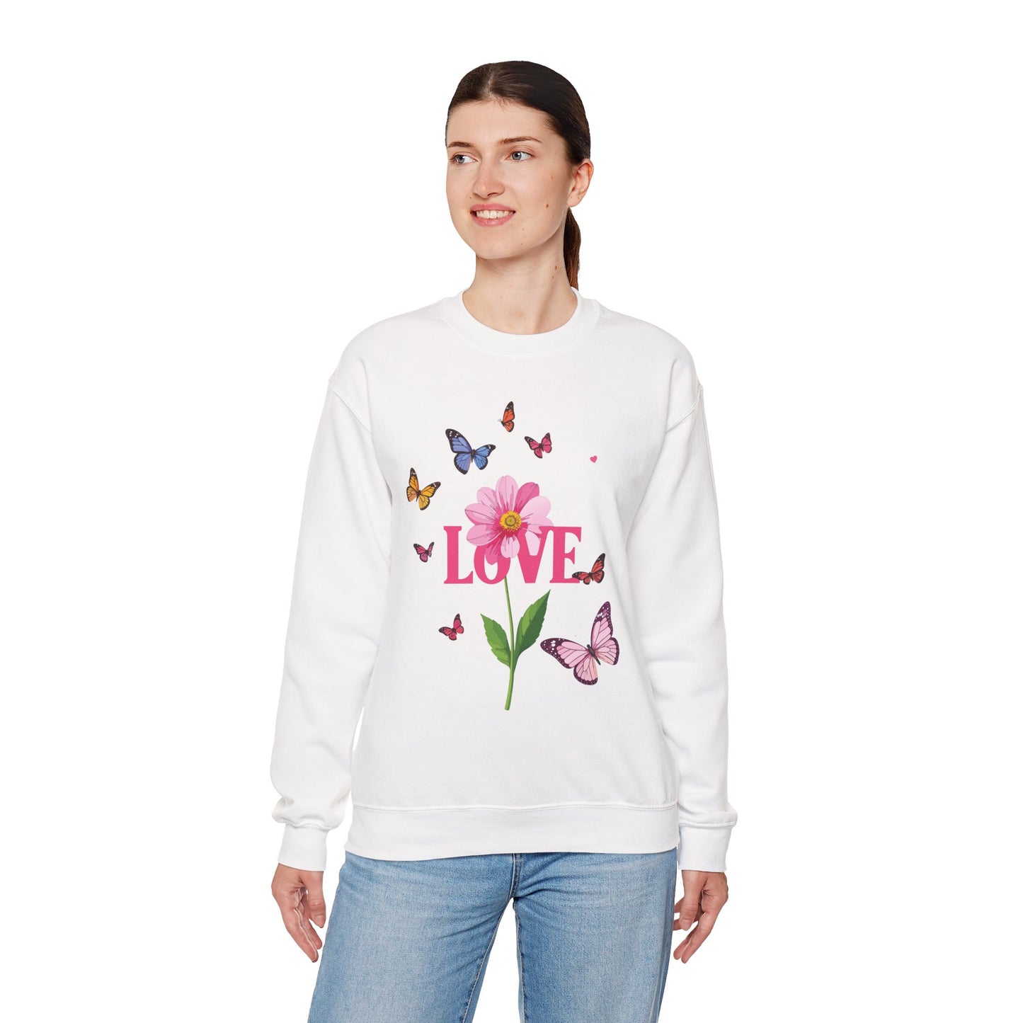 Unisex Floral Love Sweatshirt Valentines Day Cotton Poly Blend Butterfly